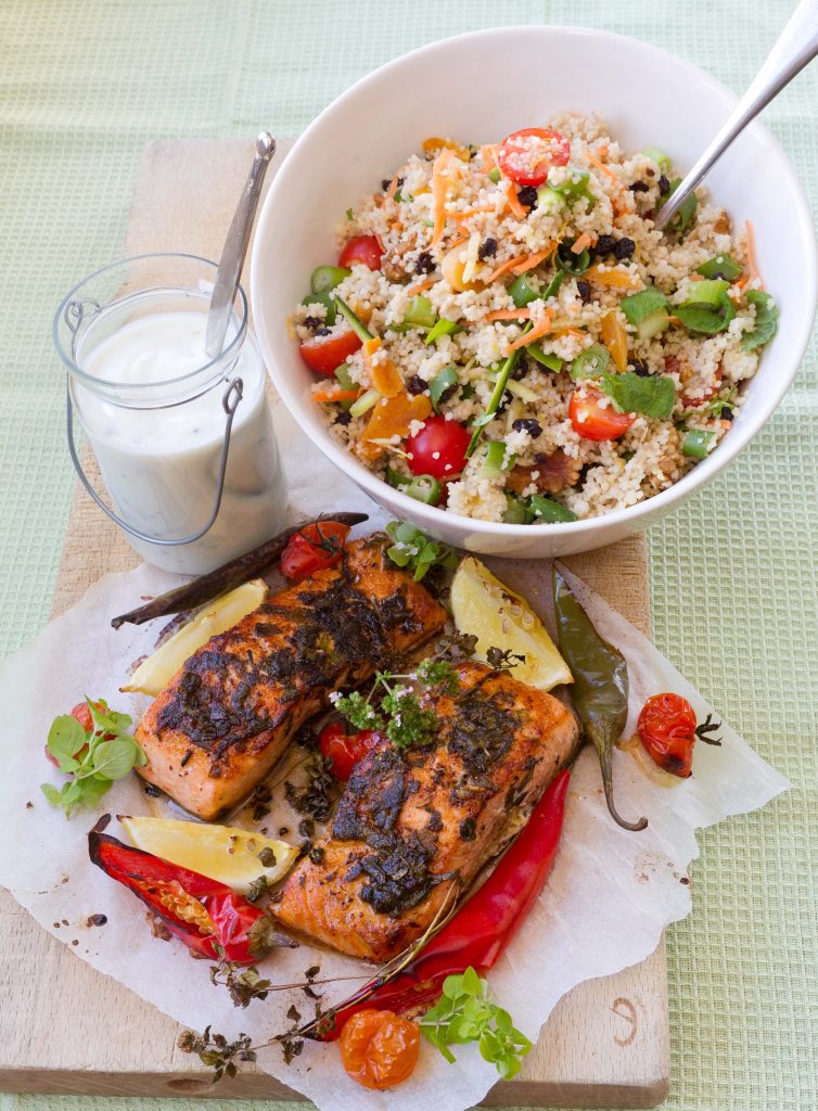 Blackened Salmon, Spiced Couscous Salad, Citrus Yoghurt Dressing